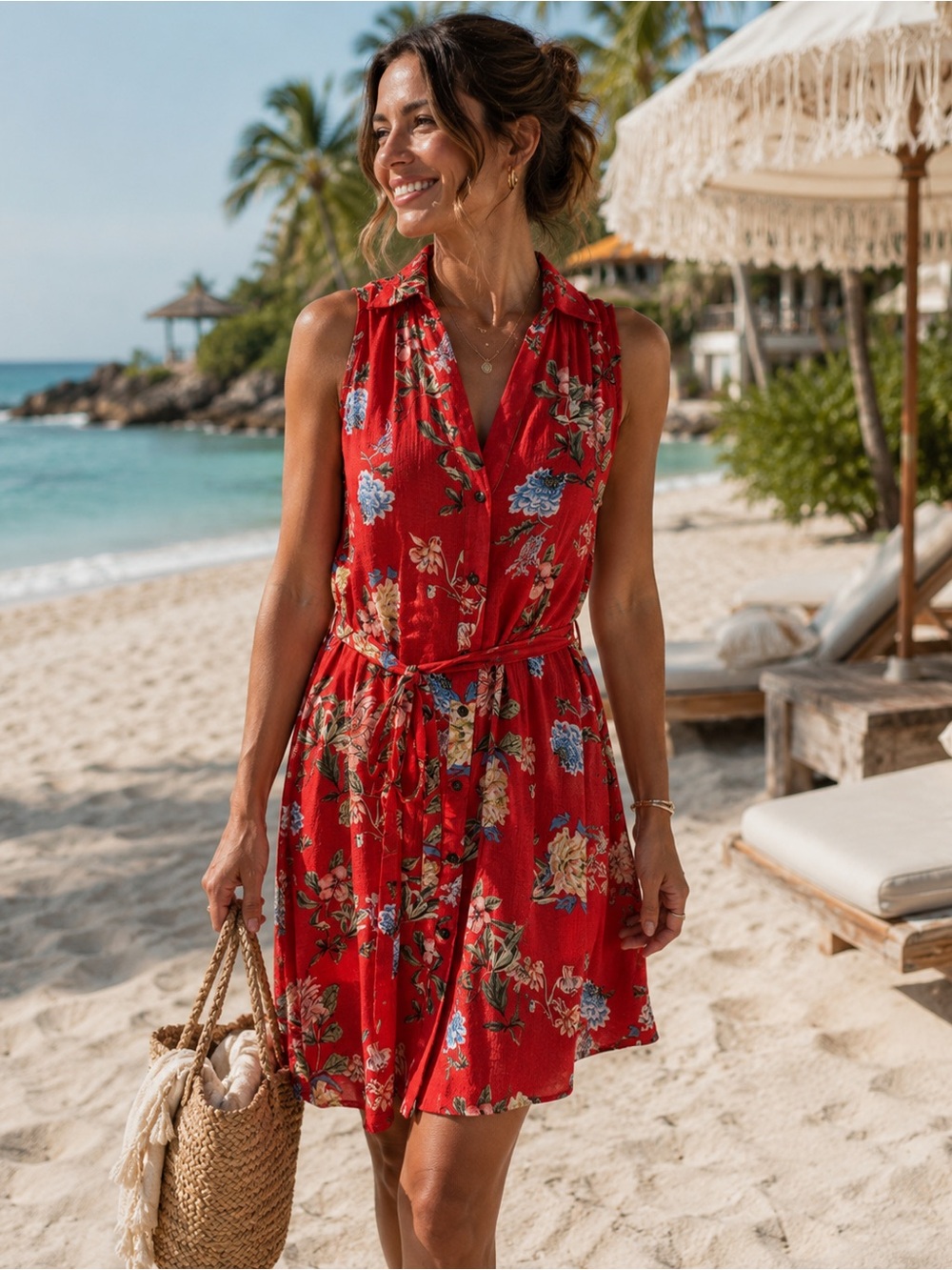 Umgee Red Floral Collared Shirt Dress Small Tie Waist Beach Resort Cottagecore